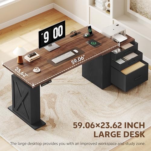 75 5 Inches Electric Standing Desk with Drawers Farmhouse Sit Stand Desk with Storage Adjustable Height Computer Desk with Power Outlets Printer Space for Home Office Black and Walnut