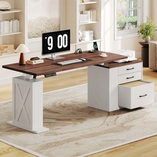 75 5 Inches Electric Standing Desk with Drawers Farmhouse Sit Stand Desk with Storage Adjustable Height Computer Desk with Power Outlets Printer Space for Home Office Black and Walnut