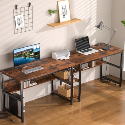 78 74 Two Person Desk with 2 Power Strips  Double Desk with Shelves  Long Computer Desk for Two People  Wood Writing Desk Workstation for Home Office  23 62D x 78 74W x 29 52H  Rustic Brown