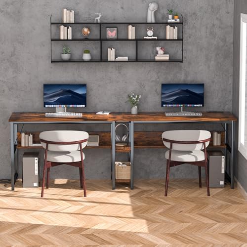 78 74 Two Person Desk with 2 Power Strips  Double Desk with Shelves  Long Computer Desk for Two People  Wood Writing Desk Workstation for Home Office  23 62D x 78 74W x 29 52H  Rustic Brown