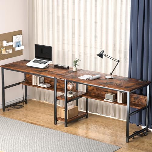 78 74 Two Person Desk with 2 Power Strips  Double Desk with Shelves  Long Computer Desk for Two People  Wood Writing Desk Workstation for Home Office  23 62D x 78 74W x 29 52H  Rustic Brown
