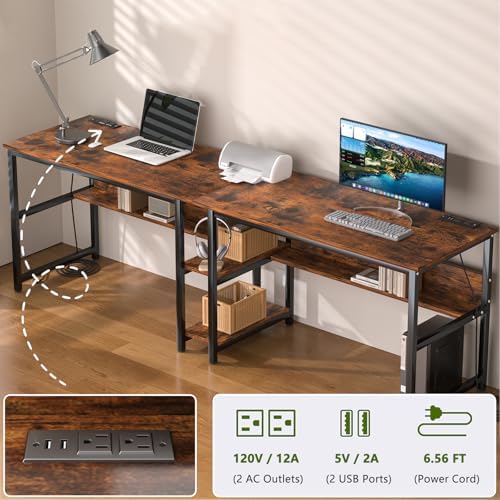 78 74 Two Person Desk with 2 Power Strips  Double Desk with Shelves  Long Computer Desk for Two People  Wood Writing Desk Workstation for Home Office  23 62D x 78 74W x 29 52H  Rustic Brown