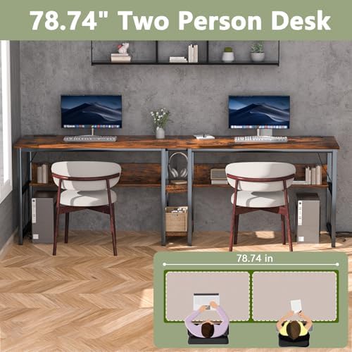 78 74 Two Person Desk with 2 Power Strips  Double Desk with Shelves  Long Computer Desk for Two People  Wood Writing Desk Workstation for Home Office  23 62D x 78 74W x 29 52H  Rustic Brown
