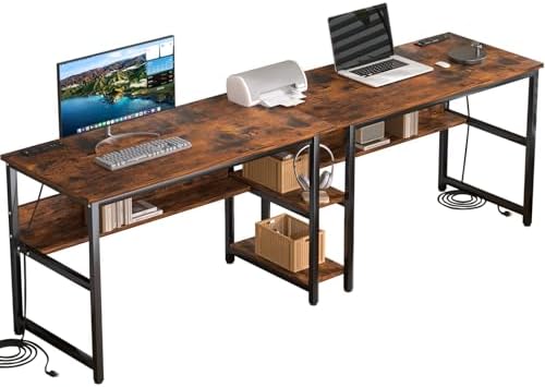 78 74 Two Person Desk with 2 Power Strips  Double Desk with Shelves  Long Computer Desk for Two People  Wood Writing Desk Workstation for Home Office  23 62D x 78 74W x 29 52H  Rustic Brown