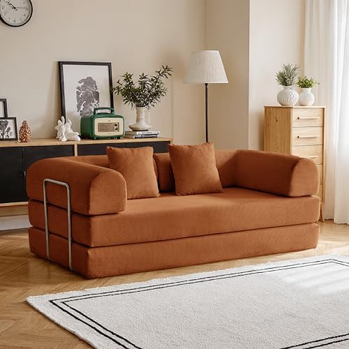 79 Convertible Compressed Corduroy Folding Cloud Sofa Bed  5 in 1 Modern Modular Boneless Pull Out Loveseat Sleeper in a Box  No Assembly Floor Futon Couch for Living Room  Orange  Pillows  King