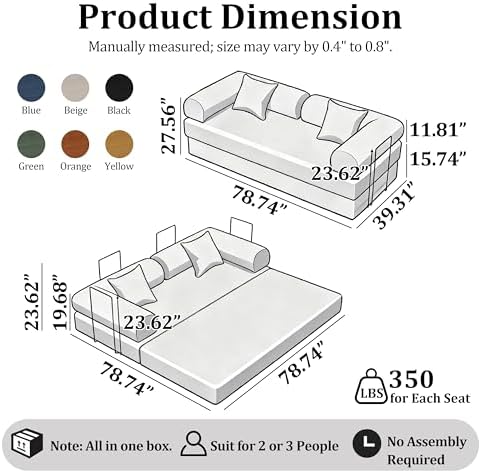 79 Convertible Compressed Corduroy Folding Cloud Sofa Bed  5 in 1 Modern Modular Boneless Pull Out Loveseat Sleeper in a Box  No Assembly Floor Futon Couch for Living Room  Orange  Pillows  King
