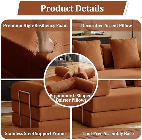 79 Convertible Compressed Corduroy Folding Cloud Sofa Bed  5 in 1 Modern Modular Boneless Pull Out Loveseat Sleeper in a Box  No Assembly Floor Futon Couch for Living Room  Orange  Pillows  King