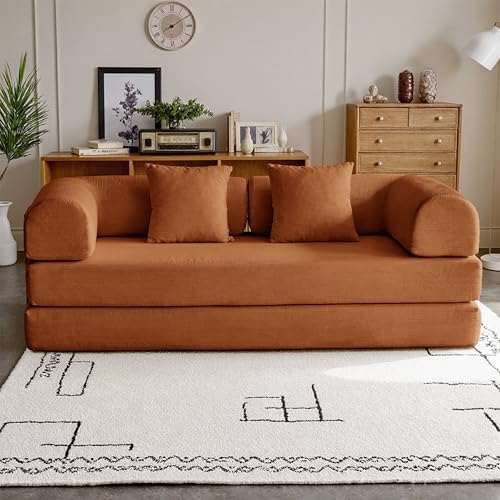 79 Convertible Compressed Corduroy Folding Cloud Sofa Bed  5 in 1 Modern Modular Boneless Pull Out Loveseat Sleeper in a Box  No Assembly Floor Futon Couch for Living Room  Orange  Pillows  King