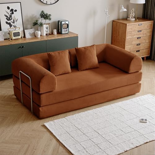 79 Convertible Compressed Corduroy Folding Cloud Sofa Bed  5 in 1 Modern Modular Boneless Pull Out Loveseat Sleeper in a Box  No Assembly Floor Futon Couch for Living Room  Orange  Pillows  King