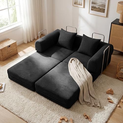79 Convertible Compressed Corduroy Folding Cloud Sofa Bed  5 in 1 Modern Modular Boneless Pull Out Loveseat Sleeper in a Box  No Assembly Floor Futon Couch for Living Room  Orange  Pillows  King