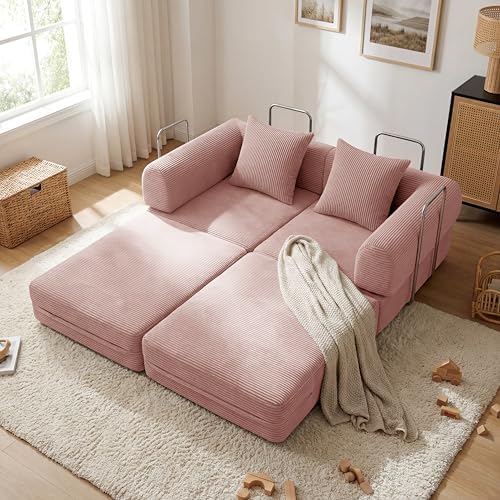 79 Convertible Compressed Corduroy Folding Cloud Sofa Bed  5 in 1 Modern Modular Boneless Pull Out Loveseat Sleeper in a Box  No Assembly Floor Futon Couch for Living Room  Orange  Pillows  King