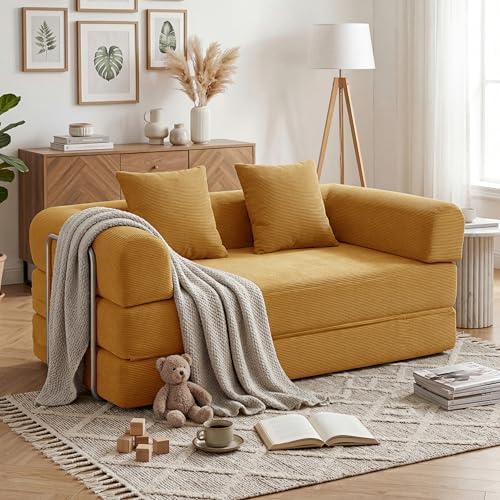 79 Convertible Compressed Corduroy Folding Cloud Sofa Bed  5 in 1 Modern Modular Boneless Pull Out Loveseat Sleeper in a Box  No Assembly Floor Futon Couch for Living Room  Orange  Pillows  King