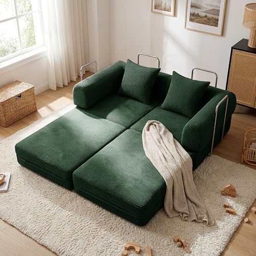 79 Convertible Compressed Corduroy Folding Cloud Sofa Bed  5 in 1 Modern Modular Boneless Pull Out Loveseat Sleeper in a Box  No Assembly Floor Futon Couch for Living Room  Orange  Pillows  King