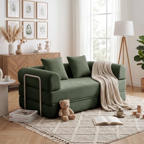 79 Convertible Compressed Corduroy Folding Cloud Sofa Bed  5 in 1 Modern Modular Boneless Pull Out Loveseat Sleeper in a Box  No Assembly Floor Futon Couch for Living Room  Orange  Pillows  King