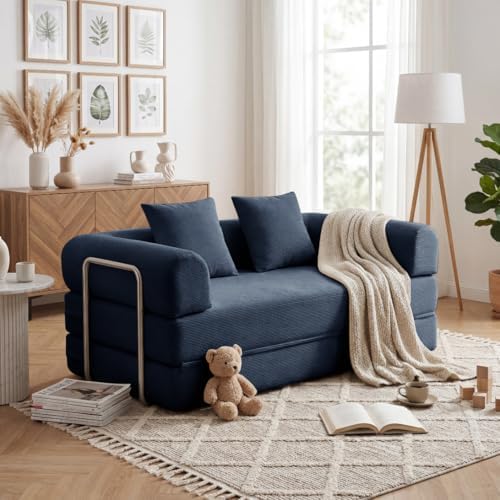 79 Convertible Compressed Corduroy Folding Cloud Sofa Bed  5 in 1 Modern Modular Boneless Pull Out Loveseat Sleeper in a Box  No Assembly Floor Futon Couch for Living Room  Orange  Pillows  King