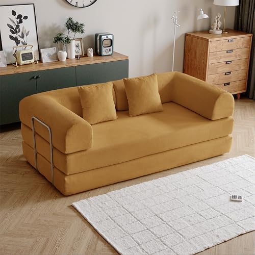 79 Convertible Compressed Corduroy Folding Cloud Sofa Bed  5 in 1 Modern Modular Boneless Pull Out Loveseat Sleeper in a Box  No Assembly Floor Futon Couch for Living Room  Orange  Pillows  King