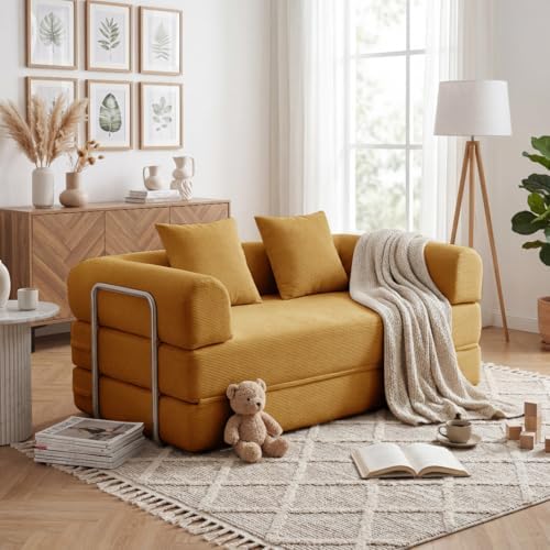 79 Convertible Compressed Corduroy Folding Cloud Sofa Bed  5 in 1 Modern Modular Boneless Pull Out Loveseat Sleeper in a Box  No Assembly Floor Futon Couch for Living Room  Orange  Pillows  King
