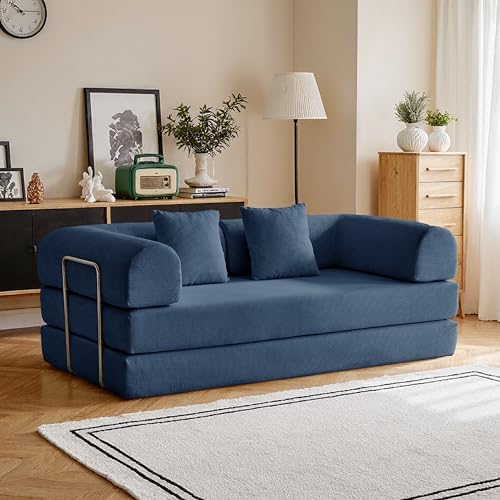 79 Convertible Compressed Corduroy Folding Cloud Sofa Bed  5 in 1 Modern Modular Boneless Pull Out Loveseat Sleeper in a Box  No Assembly Floor Futon Couch for Living Room  Orange  Pillows  King