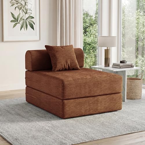 79 Convertible Compressed Corduroy Folding Cloud Sofa Bed  5 in 1 Modern Modular Boneless Pull Out Loveseat Sleeper in a Box  No Assembly Floor Futon Couch for Living Room  Orange  Pillows  King
