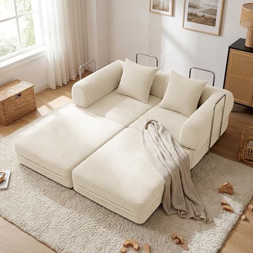 79 Convertible Compressed Corduroy Folding Cloud Sofa Bed  5 in 1 Modern Modular Boneless Pull Out Loveseat Sleeper in a Box  No Assembly Floor Futon Couch for Living Room  Orange  Pillows  King