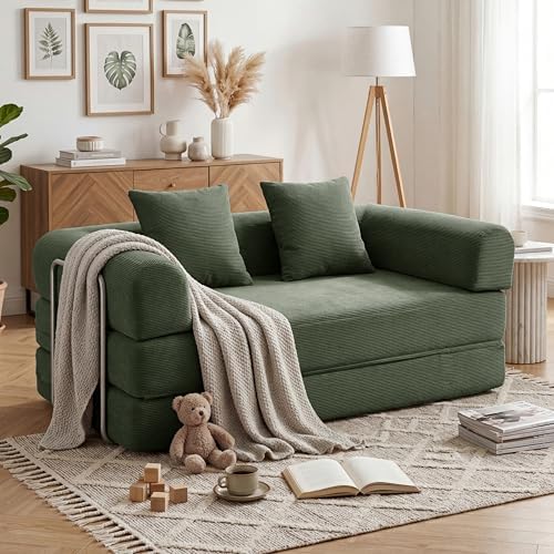 79 Convertible Compressed Corduroy Folding Cloud Sofa Bed  5 in 1 Modern Modular Boneless Pull Out Loveseat Sleeper in a Box  No Assembly Floor Futon Couch for Living Room  Orange  Pillows  King