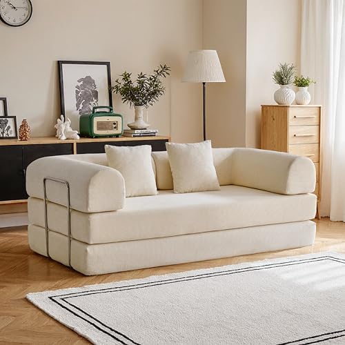 79 Convertible Compressed Corduroy Folding Cloud Sofa Bed  5 in 1 Modern Modular Boneless Pull Out Loveseat Sleeper in a Box  No Assembly Floor Futon Couch for Living Room  Orange  Pillows  King