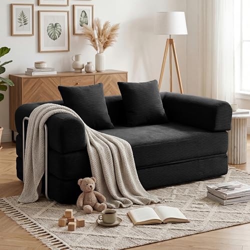 79 Convertible Compressed Corduroy Folding Cloud Sofa Bed  5 in 1 Modern Modular Boneless Pull Out Loveseat Sleeper in a Box  No Assembly Floor Futon Couch for Living Room  Orange  Pillows  King
