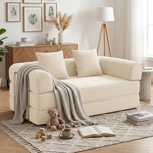 79 Convertible Compressed Corduroy Folding Cloud Sofa Bed  5 in 1 Modern Modular Boneless Pull Out Loveseat Sleeper in a Box  No Assembly Floor Futon Couch for Living Room  Orange  Pillows  King