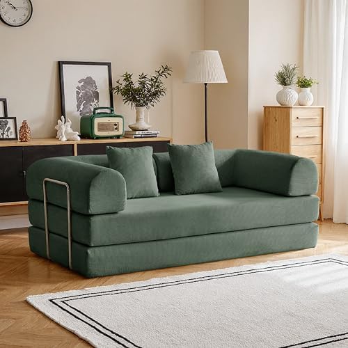 79 Convertible Compressed Corduroy Folding Cloud Sofa Bed  5 in 1 Modern Modular Boneless Pull Out Loveseat Sleeper in a Box  No Assembly Floor Futon Couch for Living Room  Orange  Pillows  King