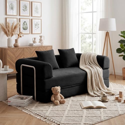 79 Convertible Compressed Corduroy Folding Cloud Sofa Bed  5 in 1 Modern Modular Boneless Pull Out Loveseat Sleeper in a Box  No Assembly Floor Futon Couch for Living Room  Orange  Pillows  King