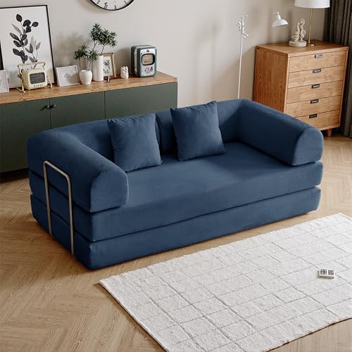 79 Convertible Compressed Corduroy Folding Cloud Sofa Bed  5 in 1 Modern Modular Boneless Pull Out Loveseat Sleeper in a Box  No Assembly Floor Futon Couch for Living Room  Orange  Pillows  King