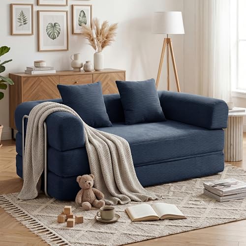 79 Convertible Compressed Corduroy Folding Cloud Sofa Bed  5 in 1 Modern Modular Boneless Pull Out Loveseat Sleeper in a Box  No Assembly Floor Futon Couch for Living Room  Orange  Pillows  King