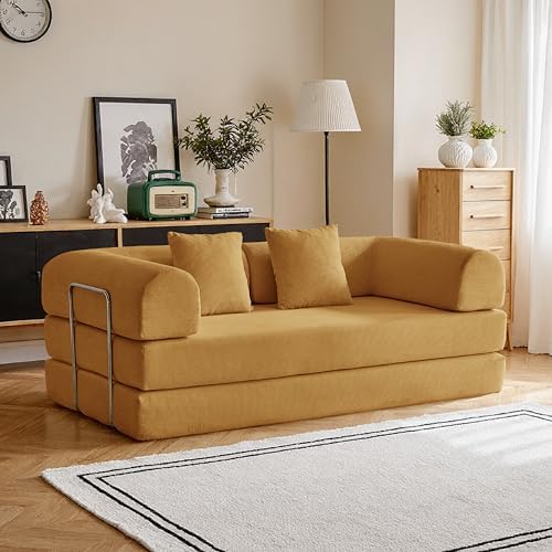 79 Convertible Compressed Corduroy Folding Cloud Sofa Bed  5 in 1 Modern Modular Boneless Pull Out Loveseat Sleeper in a Box  No Assembly Floor Futon Couch for Living Room  Orange  Pillows  King