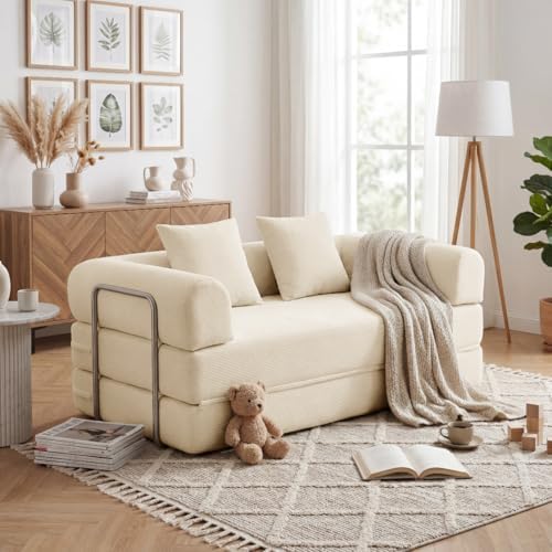 79 Convertible Compressed Corduroy Folding Cloud Sofa Bed  5 in 1 Modern Modular Boneless Pull Out Loveseat Sleeper in a Box  No Assembly Floor Futon Couch for Living Room  Orange  Pillows  King