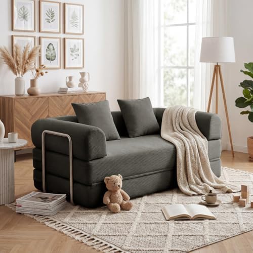 79 Convertible Compressed Corduroy Folding Cloud Sofa Bed  5 in 1 Modern Modular Boneless Pull Out Loveseat Sleeper in a Box  No Assembly Floor Futon Couch for Living Room  Orange  Pillows  King