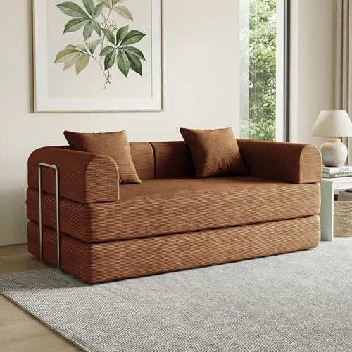 79 Convertible Compressed Corduroy Folding Cloud Sofa Bed  5 in 1 Modern Modular Boneless Pull Out Loveseat Sleeper in a Box  No Assembly Floor Futon Couch for Living Room  Orange  Pillows  King