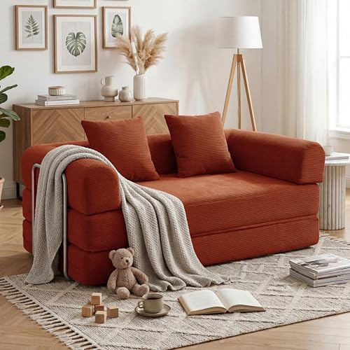 79 Convertible Compressed Corduroy Folding Cloud Sofa Bed  5 in 1 Modern Modular Boneless Pull Out Loveseat Sleeper in a Box  No Assembly Floor Futon Couch for Living Room  Orange  Pillows  King