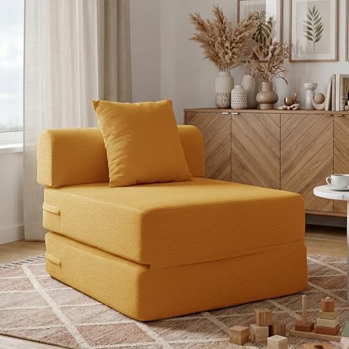 79 Convertible Compressed Corduroy Folding Cloud Sofa Bed  5 in 1 Modern Modular Boneless Pull Out Loveseat Sleeper in a Box  No Assembly Floor Futon Couch for Living Room  Orange  Pillows  King
