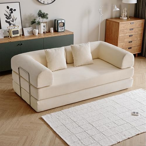 79 Convertible Compressed Corduroy Folding Cloud Sofa Bed  5 in 1 Modern Modular Boneless Pull Out Loveseat Sleeper in a Box  No Assembly Floor Futon Couch for Living Room  Orange  Pillows  King