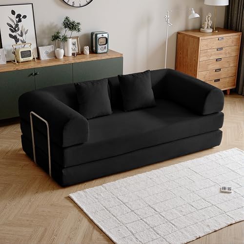 79 Convertible Compressed Corduroy Folding Cloud Sofa Bed  5 in 1 Modern Modular Boneless Pull Out Loveseat Sleeper in a Box  No Assembly Floor Futon Couch for Living Room  Orange  Pillows  King