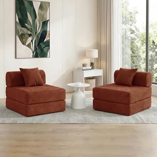 79 Convertible Compressed Corduroy Folding Cloud Sofa Bed  5 in 1 Modern Modular Boneless Pull Out Loveseat Sleeper in a Box  No Assembly Floor Futon Couch for Living Room  Orange  Pillows  King