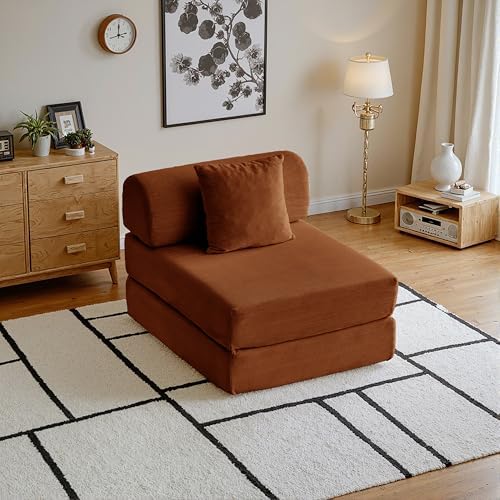 79 Convertible Compressed Corduroy Folding Cloud Sofa Bed  5 in 1 Modern Modular Boneless Pull Out Loveseat Sleeper in a Box  No Assembly Floor Futon Couch for Living Room  Orange  Pillows  King