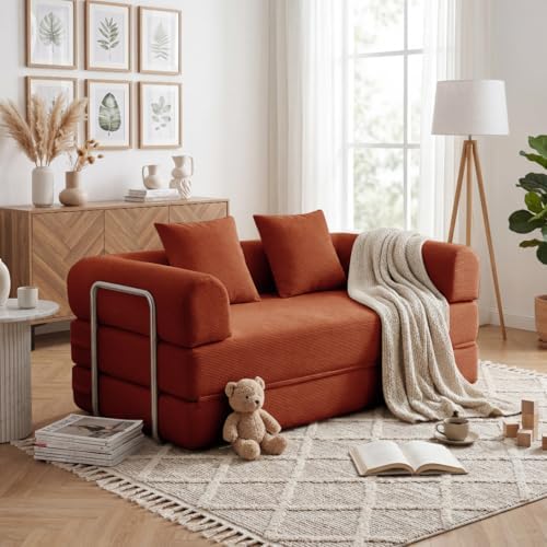 79 Convertible Compressed Corduroy Folding Cloud Sofa Bed  5 in 1 Modern Modular Boneless Pull Out Loveseat Sleeper in a Box  No Assembly Floor Futon Couch for Living Room  Orange  Pillows  King