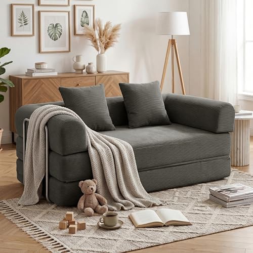 79 Convertible Compressed Corduroy Folding Cloud Sofa Bed  5 in 1 Modern Modular Boneless Pull Out Loveseat Sleeper in a Box  No Assembly Floor Futon Couch for Living Room  Orange  Pillows  King