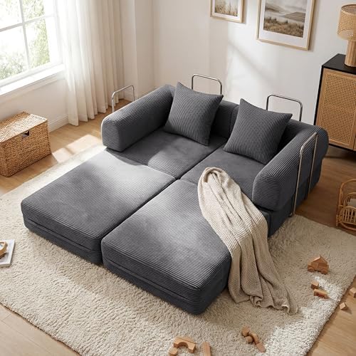 79 Convertible Compressed Corduroy Folding Cloud Sofa Bed  5 in 1 Modern Modular Boneless Pull Out Loveseat Sleeper in a Box  No Assembly Floor Futon Couch for Living Room  Orange  Pillows  King