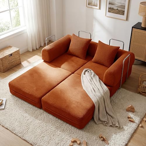 79 Convertible Compressed Corduroy Folding Cloud Sofa Bed  5 in 1 Modern Modular Boneless Pull Out Loveseat Sleeper in a Box  No Assembly Floor Futon Couch for Living Room  Orange  Pillows  King