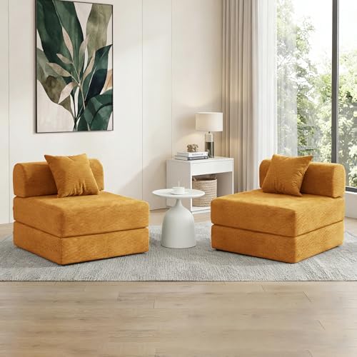 79 Convertible Compressed Corduroy Folding Cloud Sofa Bed  5 in 1 Modern Modular Boneless Pull Out Loveseat Sleeper in a Box  No Assembly Floor Futon Couch for Living Room  Orange  Pillows  King