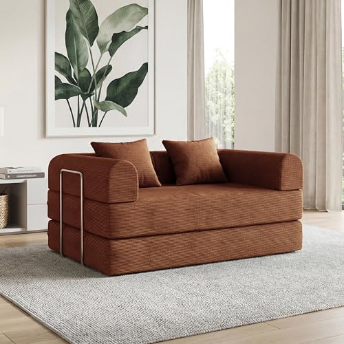 79 Convertible Compressed Corduroy Folding Cloud Sofa Bed  5 in 1 Modern Modular Boneless Pull Out Loveseat Sleeper in a Box  No Assembly Floor Futon Couch for Living Room  Orange  Pillows  King