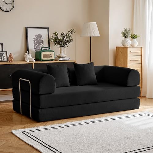 79 Convertible Compressed Corduroy Folding Cloud Sofa Bed  5 in 1 Modern Modular Boneless Pull Out Loveseat Sleeper in a Box  No Assembly Floor Futon Couch for Living Room  Orange  Pillows  King