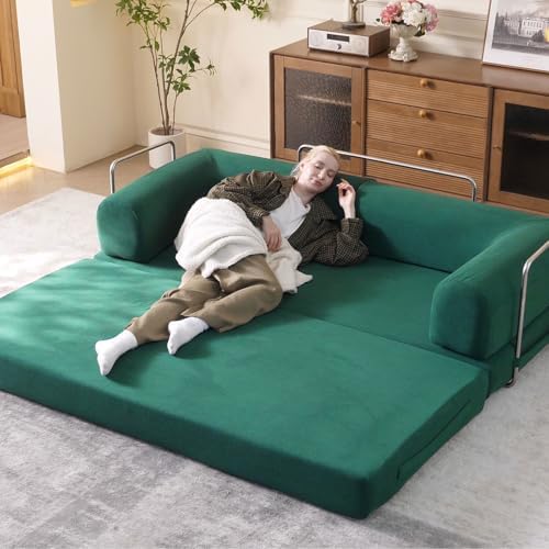 79 Convertible Sleeper Sofa Bed with Cylindrical Pillow  Corduroy Folding Mattress Couch with Fixed Shape Frame  Floor Sofa Lounge Couch for Living Room Bedroom Lounge Studio  Green 
